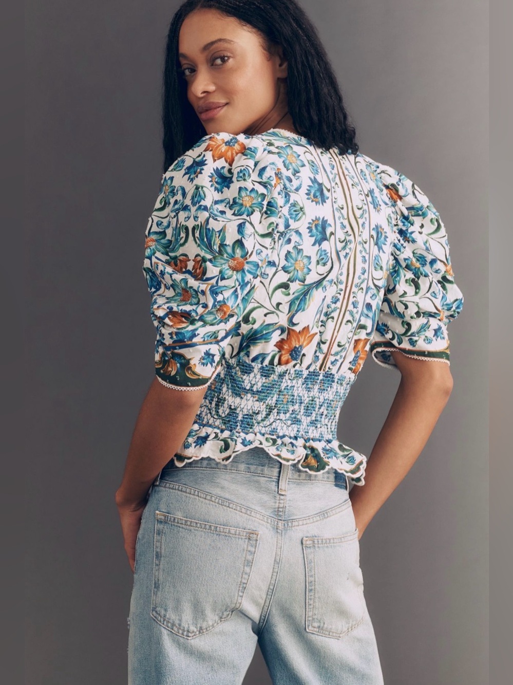 Farm Rio Off-White Flora Tile Smocked Blouse - Picture 5 of 8